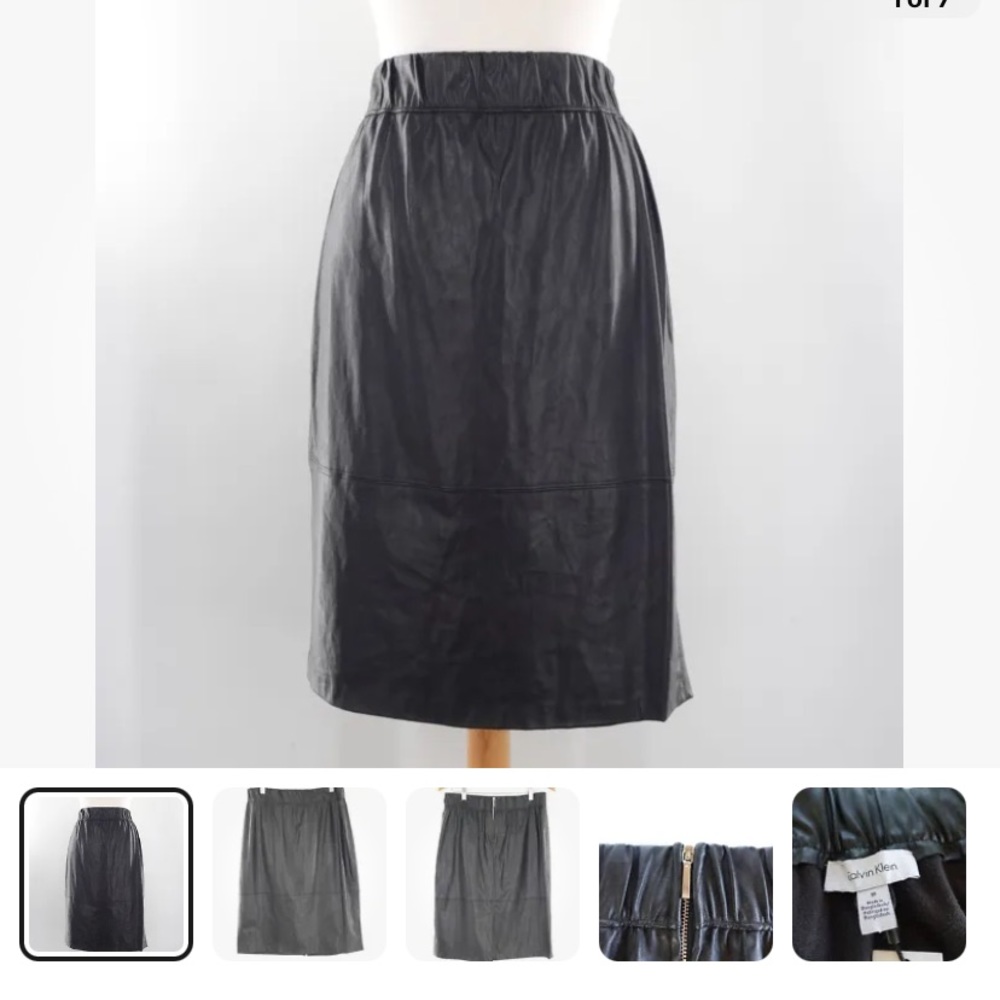 NWOT CALVIN KLEIN black leather pencil skirt 10 zipper back elastic waist